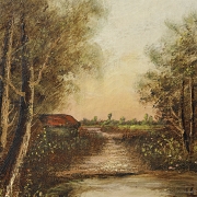 20th-century French school ‘Houses by the Lake’