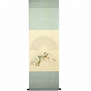 Chinese fan painting “Ducks Among Lotus Flowers,” signed Liu Kuiling