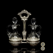 Juego de vinagrera y aceitera de cristal y plata, s.XX