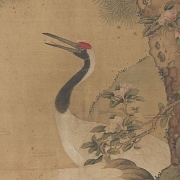 Chinese painting “Longevity, the crane, and the pine tree,” signed Tao Cheng
