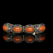 Pulsera de plata dorada con coral y esmaltes, dinastía Qing