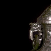 Large spinach green jade vase ‘Archaic Dragon’, Qing dynasty