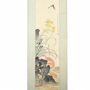 Chinese painting “Cat among rocks and flowers,” signed Pan Jing Shu