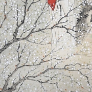 Pintura china “Dama entre ciruelos en flor”, con sello Guan Pinhu