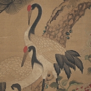 Chinese painting ‘Cranes with Flowers and Pine Tree’, signed Zhou Zhimian