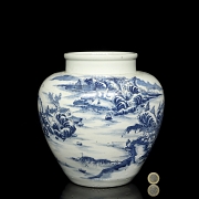 Jarrón de cerámica azul y blanco 