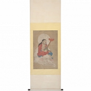 Pintura china “Deidad sobre elefante blanco”, con firma Jin Kun