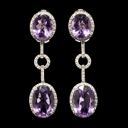 Pendientes largos de oro blanco 18k, amatistas y diamantes