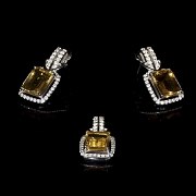 Juego de colgante y pendientes en oro blanco de 18k con citrinos y diamantes