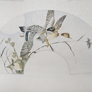 Chinese fan painting “Ducks Among Lotus Flowers,” signed Liu Kuiling