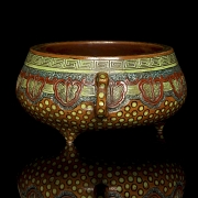 Polychrome ceramic incense burner, ‘Leaves,’ with Qianlong seal