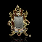 Baroque-style table mirror in bronze and porcelain, 19th century
