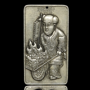 Pair of silver metal plaques, ‘Characters’, 20th century