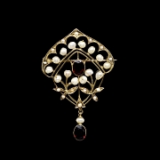 Broche de oro amarillo con granate y perlas, estilo Victoriano