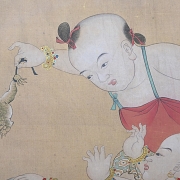 Pintura china “Niños con granada y sapo”, con firma Yao Wenhan