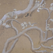 Pintura china “Patos mandarines bajo ciruelo en flor”, con firma Lu Zhi