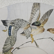 Chinese fan painting “Ducks Among Lotus Flowers,” signed Liu Kuiling