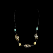 Pendant with golden bronze beads, turquoise and white quartz Dzi