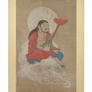 Pintura china “Deidad sobre elefante blanco”, con firma Jin Kun - 1