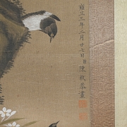Chinese painting ‘Magpies on a Plum Tree in Bloom’, signed Chen Mei
