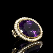 Broche de oro de 14 k con amatista y perlas, estilo Victoriano