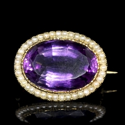 Broche de oro de 14 k con amatista y perlas, estilo Victoriano