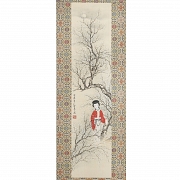 Pintura china “Dama entre ciruelos en flor”, con sello Guan Pinhu