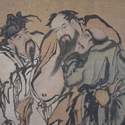 Pintura china “Tres inmortales”, con firma Huang Shen