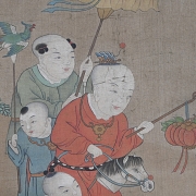 Pintura china “Niños jugando”, con firma Gu Jianlong