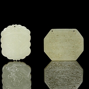 Pair of carved jade plaques, ‘Calligraphy and Elderly Man,’ Qing dynasty
