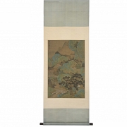 Pintura china “Paisaje con arquitecturas y puente”, con firma Lu Huancheng