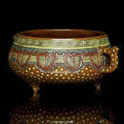 Polychrome ceramic incense burner, ‘Leaves,’ with Qianlong seal