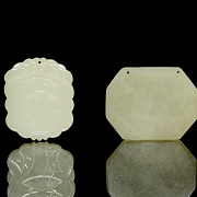 Pair of carved jade plaques, ‘Calligraphy and Elderly Man,’ Qing dynasty