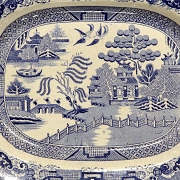 两只蓝色柳树纹“石质瓷器”托盘，19世纪