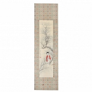 Pintura china “Dama entre ciruelos en flor”, con sello Guan Pinhu