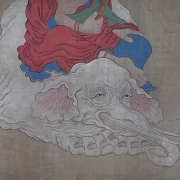 Pintura china “Deidad sobre elefante blanco”, con firma Jin Kun