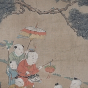 Pintura china “Niños jugando”, con firma Gu Jianlong