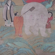Pintura china “Monje con elefante blanco”, con firma Wu Bin