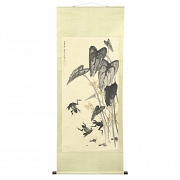 中国画《青蛙山水图》，齐白石款
