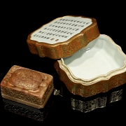 Conjunto de caja de porcelana y sello Shoushan 