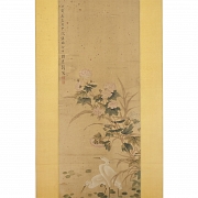 Chinese painting “Herons and peonies by the pond,” signed by Miao Jiahui