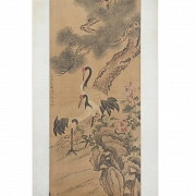 Chinese painting ‘Cranes with Flowers and Pine Tree’, signed Zhou Zhimian