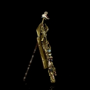 Baroque-style table mirror in bronze and porcelain, 19th century