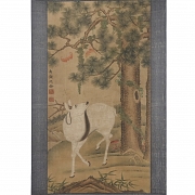 Pintura china “Ciervo bajo el pino”, con firma Shen Quan