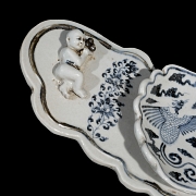 Blue and white porcelain cushion ‘Phoenix and children’, Yuan style