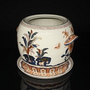 Planter with plate in Asian porcelain, “Landscape,” 20th century
