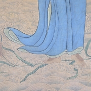 Pintura china “Bodhidharma sobre las olas”, con firma Yu Zhiding