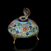 Longwy, bronze and glazed ceramic inkwell, 20th century