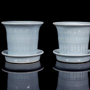 Pair of porcelain flower pots with sky blue glaze, marked Qianglong