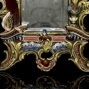 Baroque-style table mirror in bronze and porcelain, 19th century